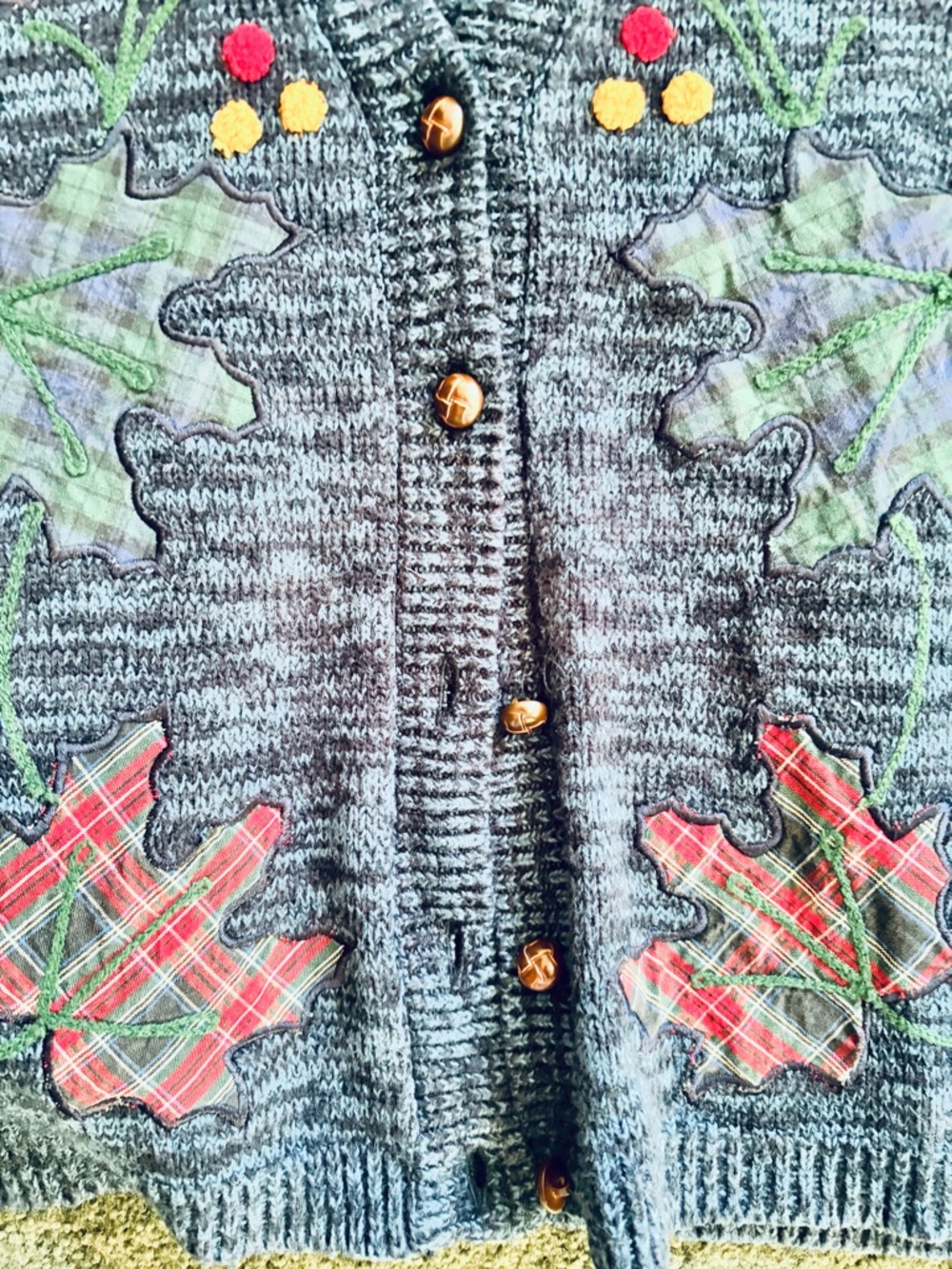 Cricket Lane Sz M Oversized Button-Front Autumn Leaves Knit Vest - Heather Blue - Picture 3 of 8